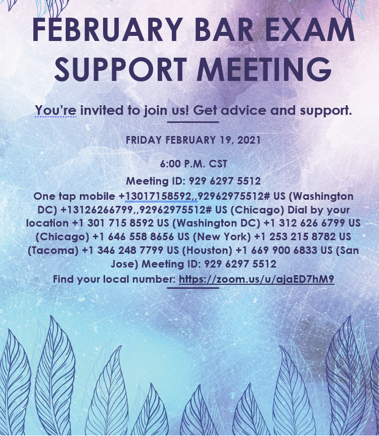 Sarahs1013's tweet image. Hey February Bar examinees. I have set up a support meeting for Friday night. @420AttyChicago will be giving tips for what to do in the last few days before the bar and how to navigate the exam. I will provide some general exam prep tips. I am still looking for speakers.