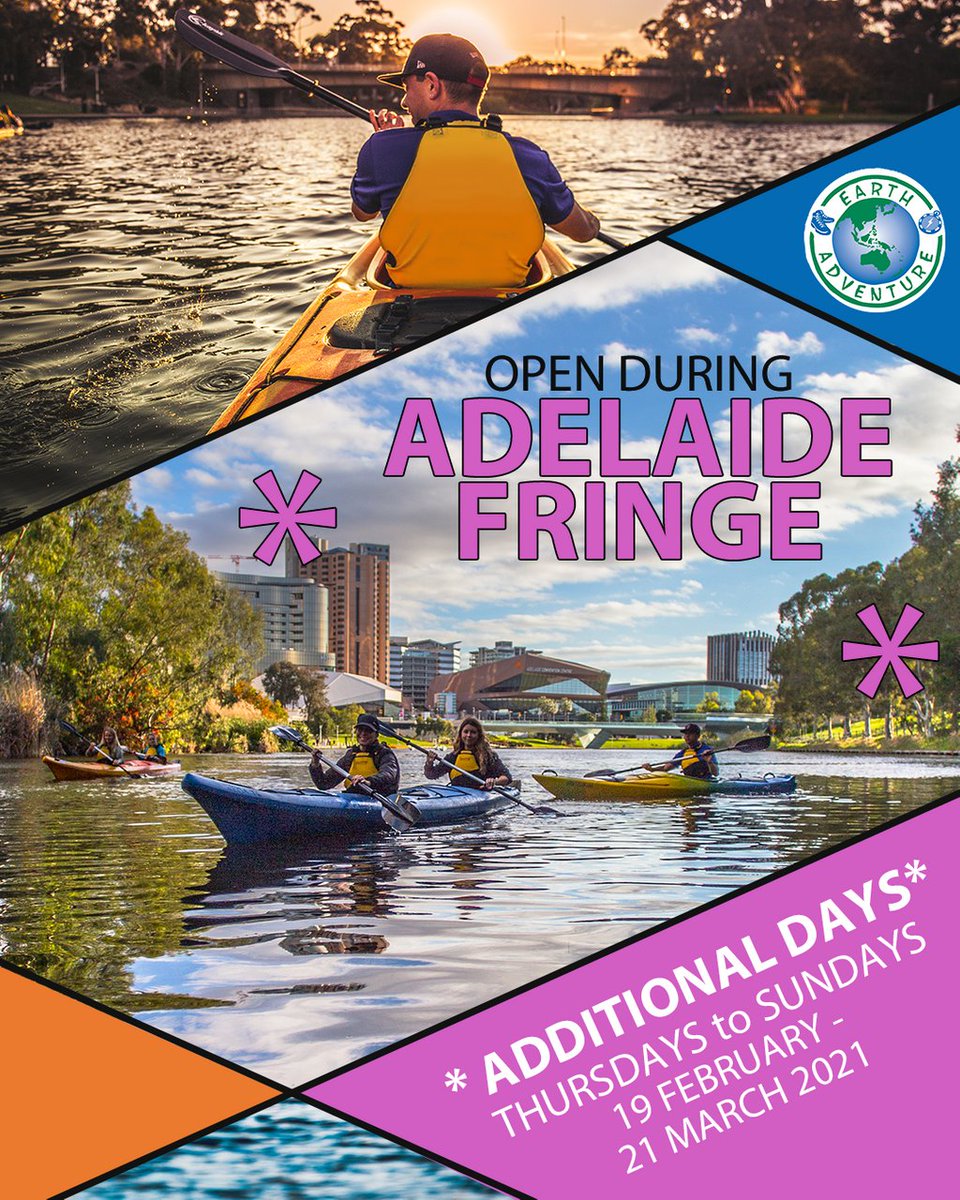 Adelaide Fringe starts this week and we are HYPED! For the duration of the Fringe Festival we are going to be running our Adelaide City Kayak Tours for an additional TWO DAYS each week. 
What a great way to start your day at the Fringe!
earthadventure.com.au/.../adelaide-c…