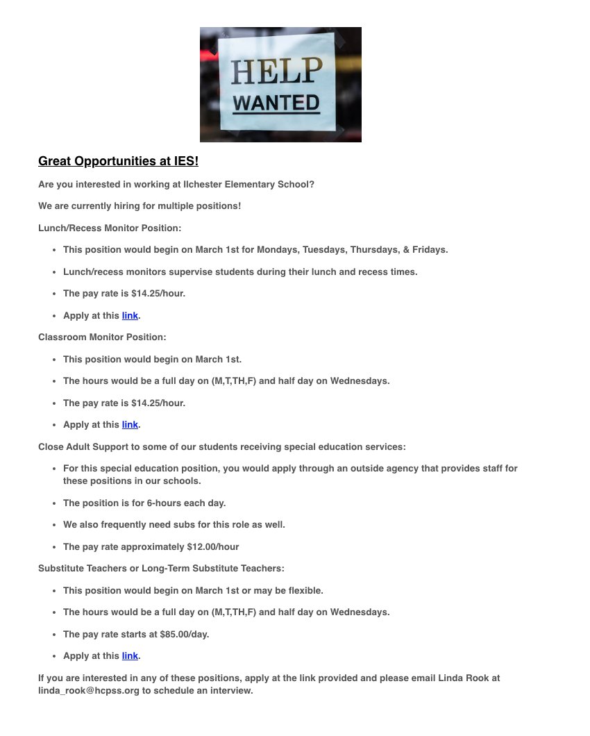 Ernesto Diaz (@eernesto_diaz) on Twitter photo Our school, <a href="/hcpss_ies/">Ilchester ES</a>, currently has various support staff positions available as we prepare for the early March reopening. Please consider or share with anyone interested. Thank you. Our school, <a href="/hcpss_ies/">Ilchester ES</a>, currently has various support staff positions available as we prepare for the early March reopening. Please consider or share with anyone interested. Thank you.