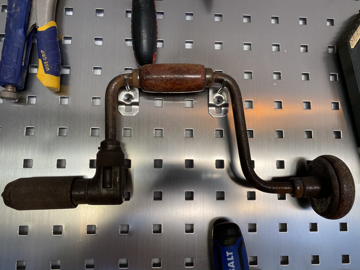 I like the fact that my garage and shed are new and shiny, but hold some really ancient tools, like this brace-and-bit from my father that's likely 100 years old. I still use it.