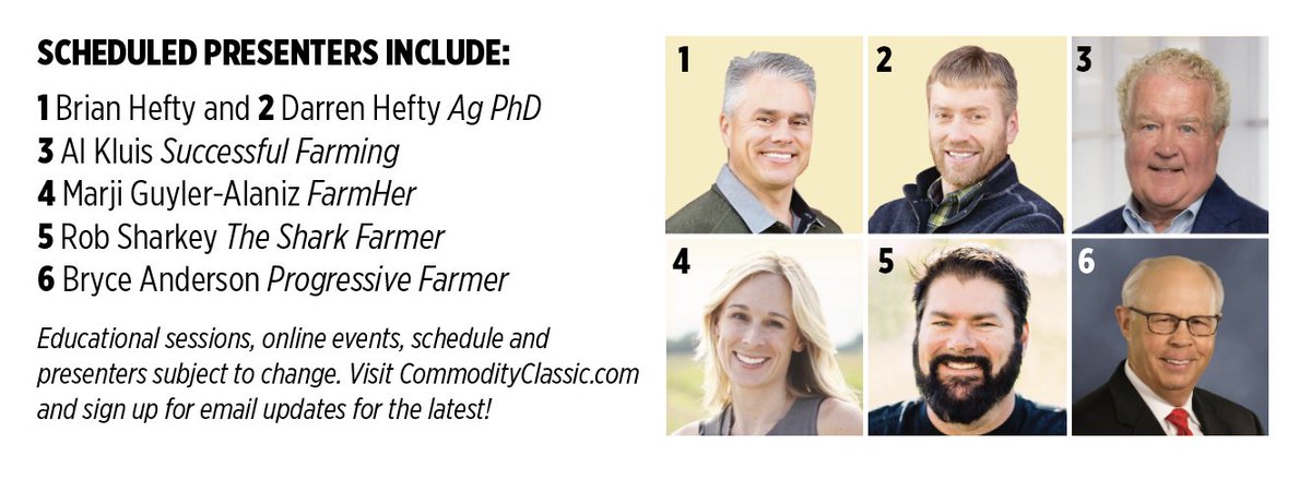 We have more than 50 speakers lined up for the the 2021 Special Edition of Commodity Classic! Amazing educational sessions, What's New Sessions, Learning Center Sessions &amp; more! 
commodityclassic.com/2021-education…

Registration is free for the first 5,000 farmers! 

#Classic21