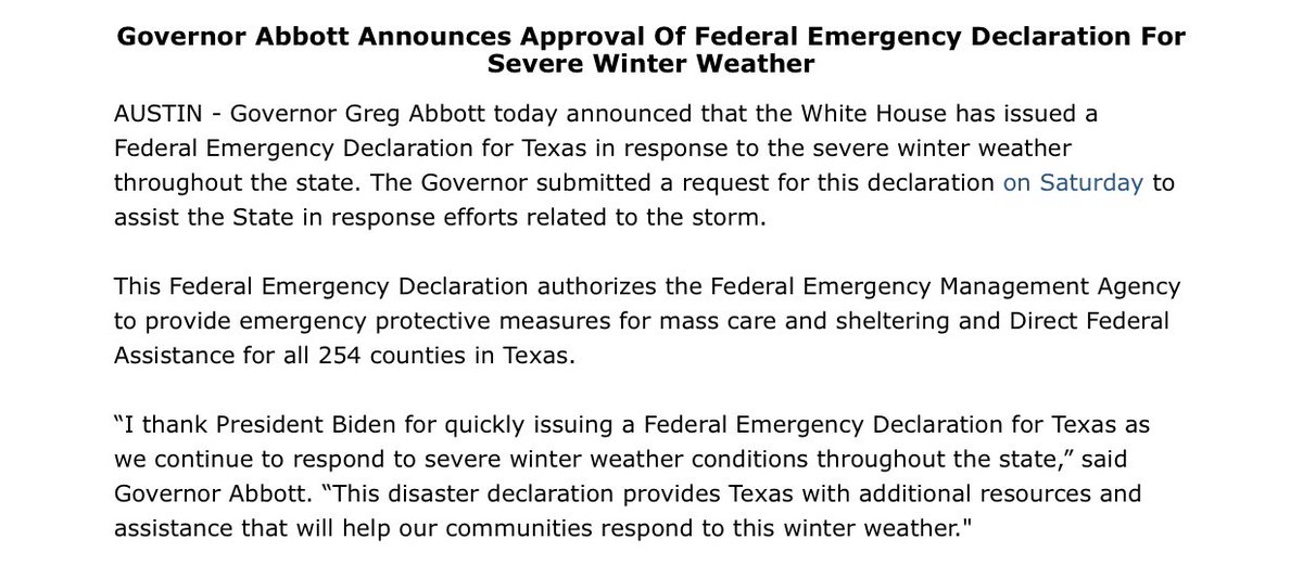 wesrap's tweet image. Just in: White House approves Texas request for federal emergency declaration amid winter storm, @GovAbbott announces. #txlege #txwx
