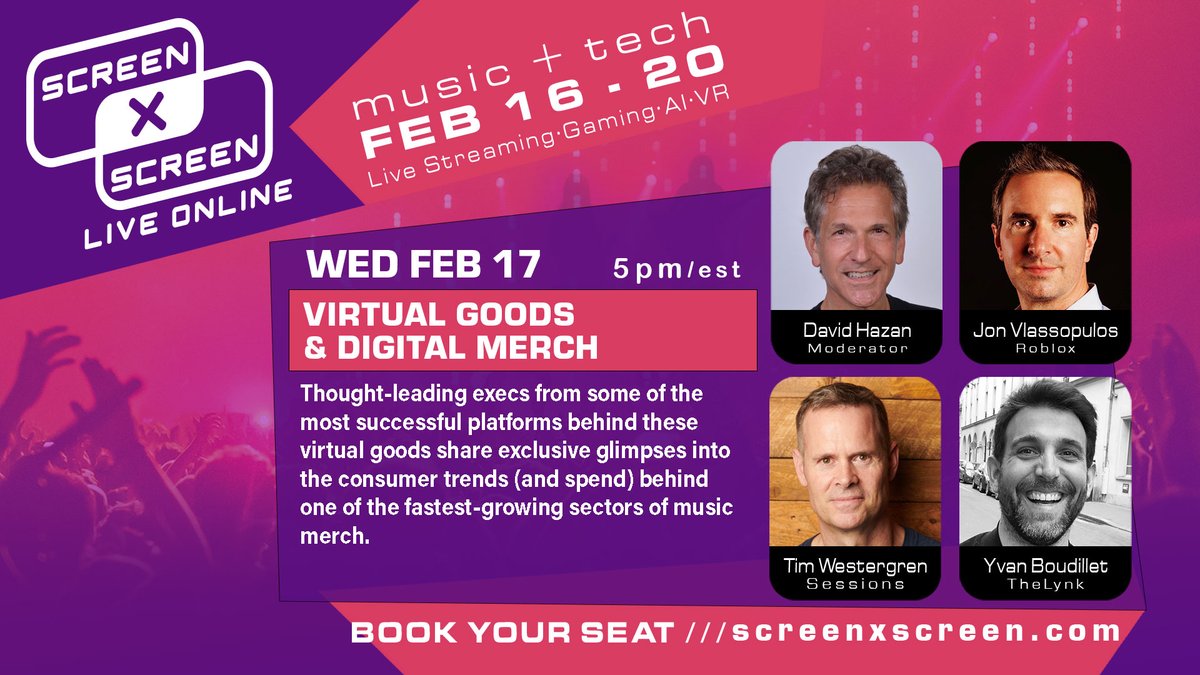 Looking forward to this panel with speakers from <a href="/Roblox/">Roblox</a>, <a href="/sessionsLIVE/">SESSIONS</a>, <a href="/thelynk_/">TheLynk</a>, and <a href="/midem/">MIDEM</a> at #SCREENxSCREEN!

TUES FEB 16 - SAT FEB 20
#Online conference

Get tickets HERE: screenxscreen.com/tickets/

<a href="/darrylhurs/">Darryl Hurs</a> #indieweek #VR #SXS21 #AI #gaming #concerts #connect #streaming