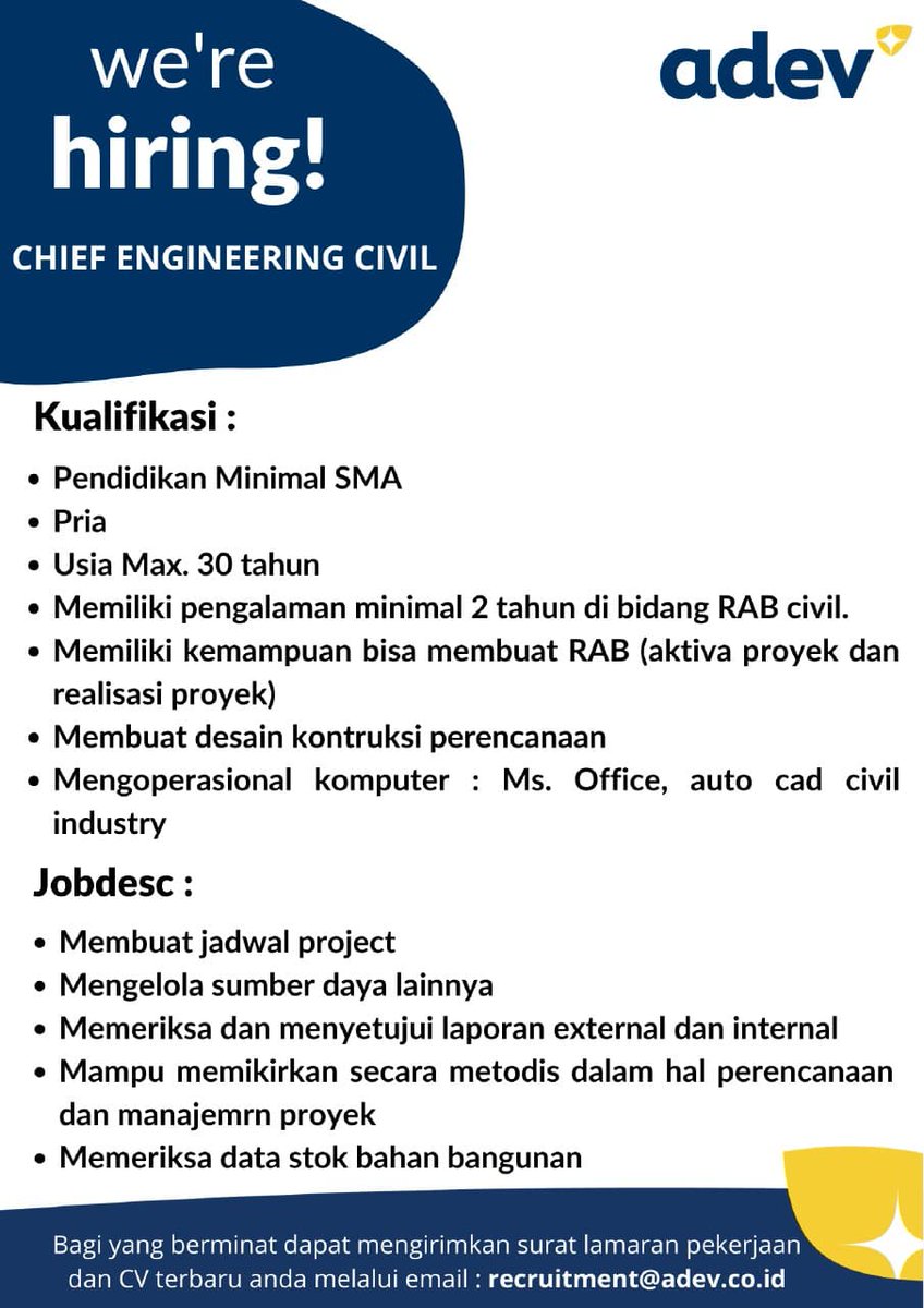 Assalamualaikum, Selamat Pagi Sahabat Adev, ada informasi terkait lowongan pekerjaan di ADEV dan dibutuhkan segera.

Antara lain:
1. Engineering Process Supervisor
2. Engineering Civil

Untuk penempatan Kota Bogor

Cc: <a href="/hrdbacot/">HRD BACOT</a> <a href="/ezash/">Eza Hazami - ハザミ。エザ</a> <a href="/LokerBogorCom/">Lowongan Kerja Bogor</a>