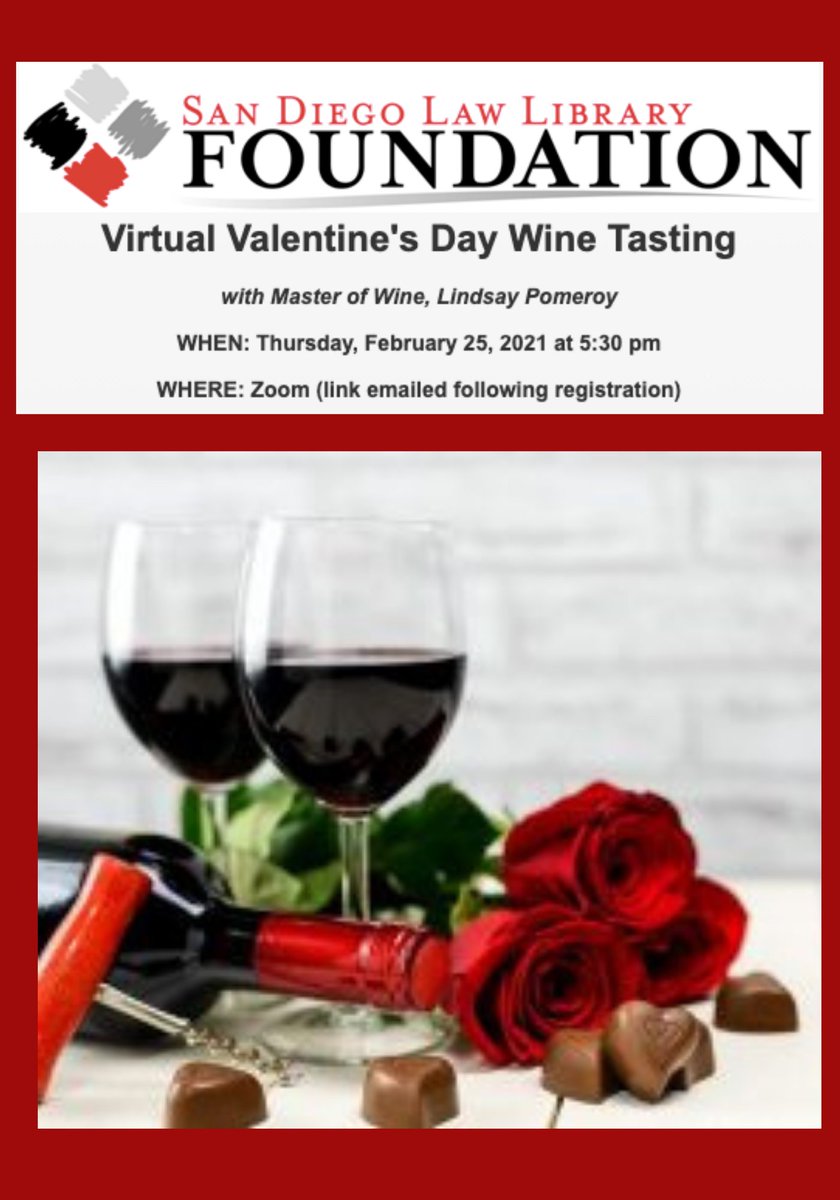anasambold's tweet photo. #HappyValentinesDay! Are you looking for a great way to celebrate it without leaving the house? Join us Thursday, Feb. 25 @ 5:30 pm PST for a virtual Valentine's Day Wine Tasting hosted by the @sdlawlib. Register at https://t.co/EV4N87gFsC
@EricGanci @adkins9b @winesmarties https://t.co/zJsmLb8OtH