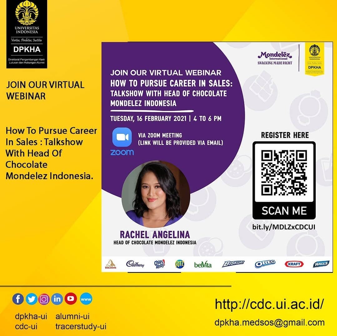 CDCUIcareer's tweet image. Talkshow With Head Of Chocolate Mondelez Indonesia.
Catat tanggalnya :
📅 : Selasa,16 Februari 2021
⏳ : 16.00 - 18.00 WIB
🎥 : Via Zoom
💰 : Free Entry

Link registrasi: 
bit.ly/MDLZxCDCUI

Kuota terbatas

#DPKHAUI 
#MondelezIndonesia
#Webinar 
#virtualSeminar
#Career