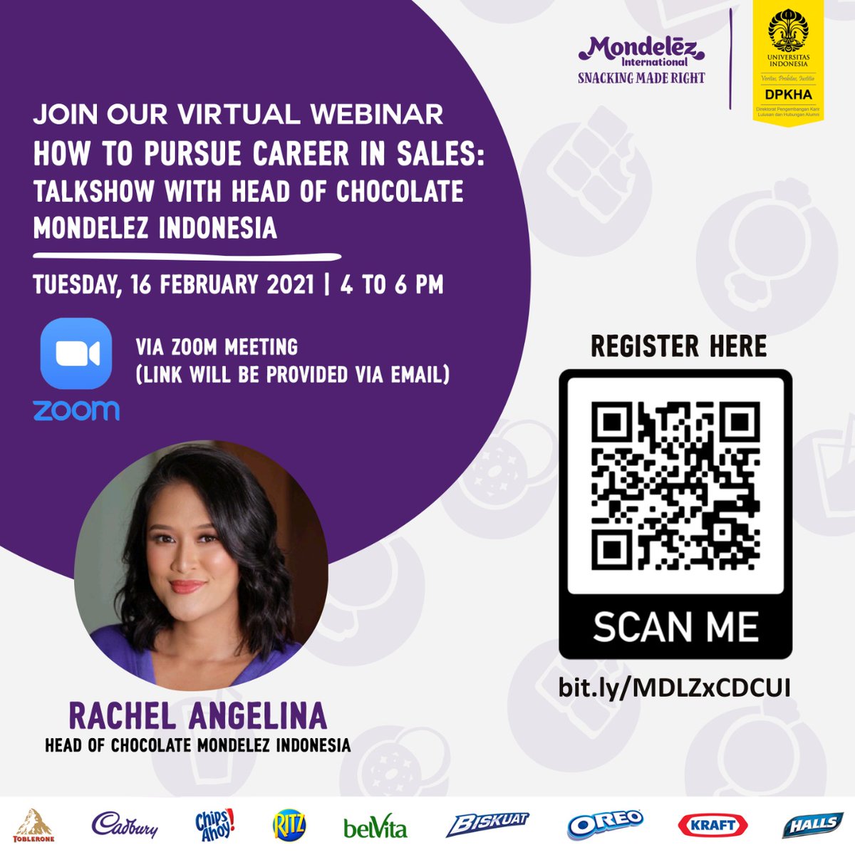 CDCUIcareer's tweet image. Talkshow With Head Of Chocolate Mondelez Indonesia.
Catat tanggalnya :
📅 : Selasa,16 Februari 2021
⏳ : 16.00 - 18.00 WIB
🎥 : Via Zoom
💰 : Free Entry

Link registrasi: 
bit.ly/MDLZxCDCUI

Kuota terbatas

#DPKHAUI 
#MondelezIndonesia
#Webinar 
#virtualSeminar
#Career