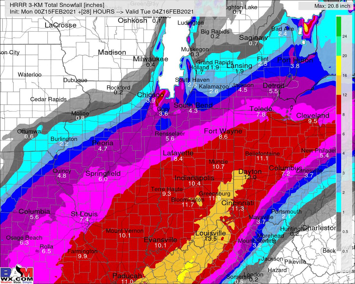 bam_weather's tweet photo. We're going to go live at 9:25pm to discuss the incoming winter storm over the next 30hrs. #ILwx #INwx #OHwx #KYwx #Snow 

Here is our latest model guidance out through 11pm tomorrow night and its still snowing... https://t.co/w0RZJyGNkF