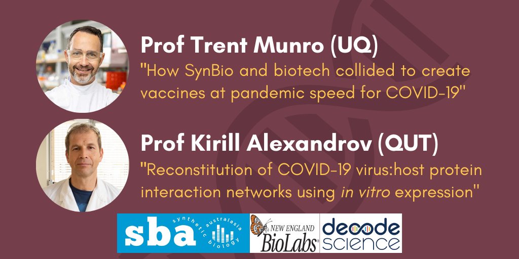SBABrisbane's tweet photo. 📢SPEAKERS CONFIRMED! 
You'll hear from @trent_munro + @KalexandrovAU this Friday how #SynBio's been at the forefront of the fight against #COVID19 🧬💉💪
Be there for a chance to win a $500 @TwistBioscience  voucher sponsored by @Decode_Science  
Register https://t.co/ec4tx8gGxD https://t.co/U3o0UztECk
