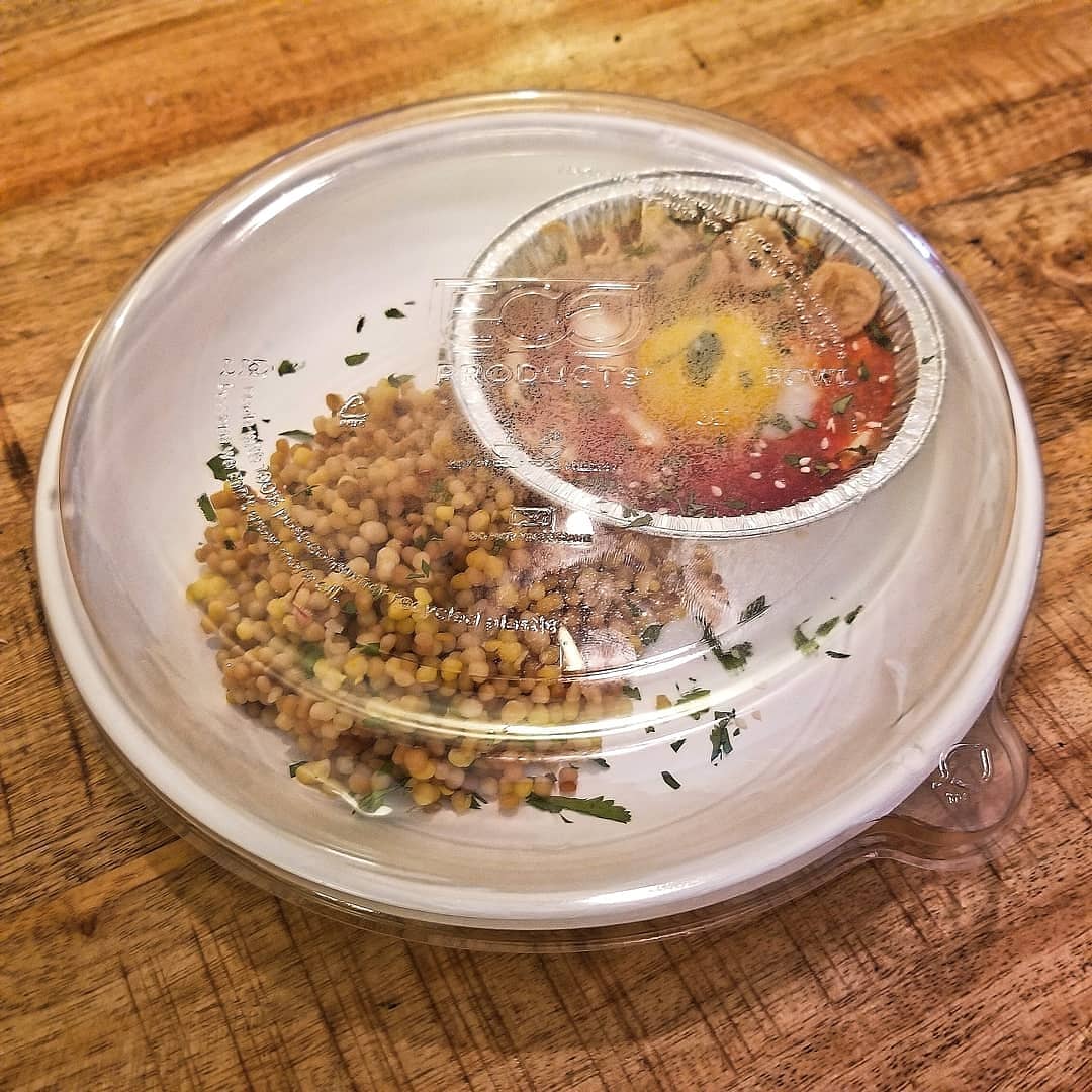 [Shakshuka] - eggs poached in an Aleppo pepper &amp; tomato sauce, saffron maftoul, cilantro, sesame, fried onion. 

This'll be a regular feature on our Saturday brunch menu! #memphisfood #3michelintires