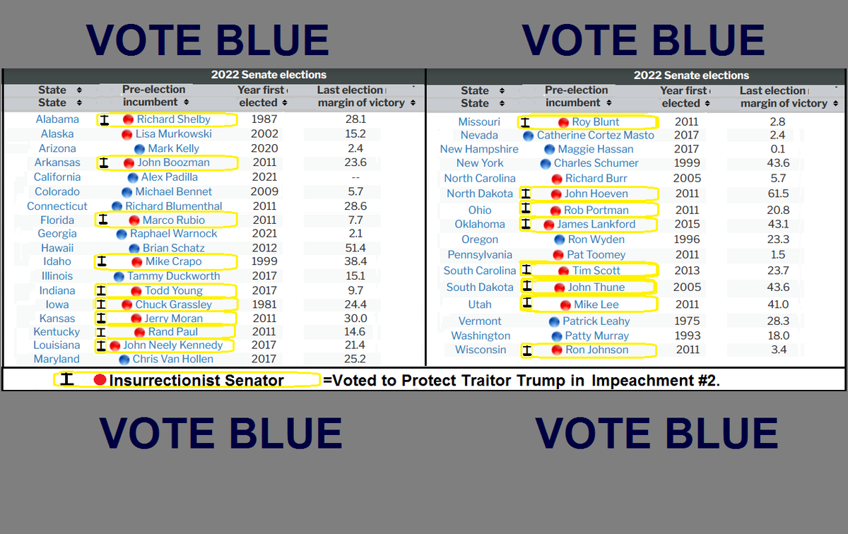 RealKPenceNotSL's tweet photo. The pic provides a list of 2022 Senate races.
Those up for 2022 reelection that are also 1 of the #Seditious43 who protected #TraitorTrump in #ImpeachmentTrial2 have a yellow oval around their name with an 'I' for #Insurrectionist in front of the name.
#VoteBlue2022! https://t.co/jsbLD2qt6A