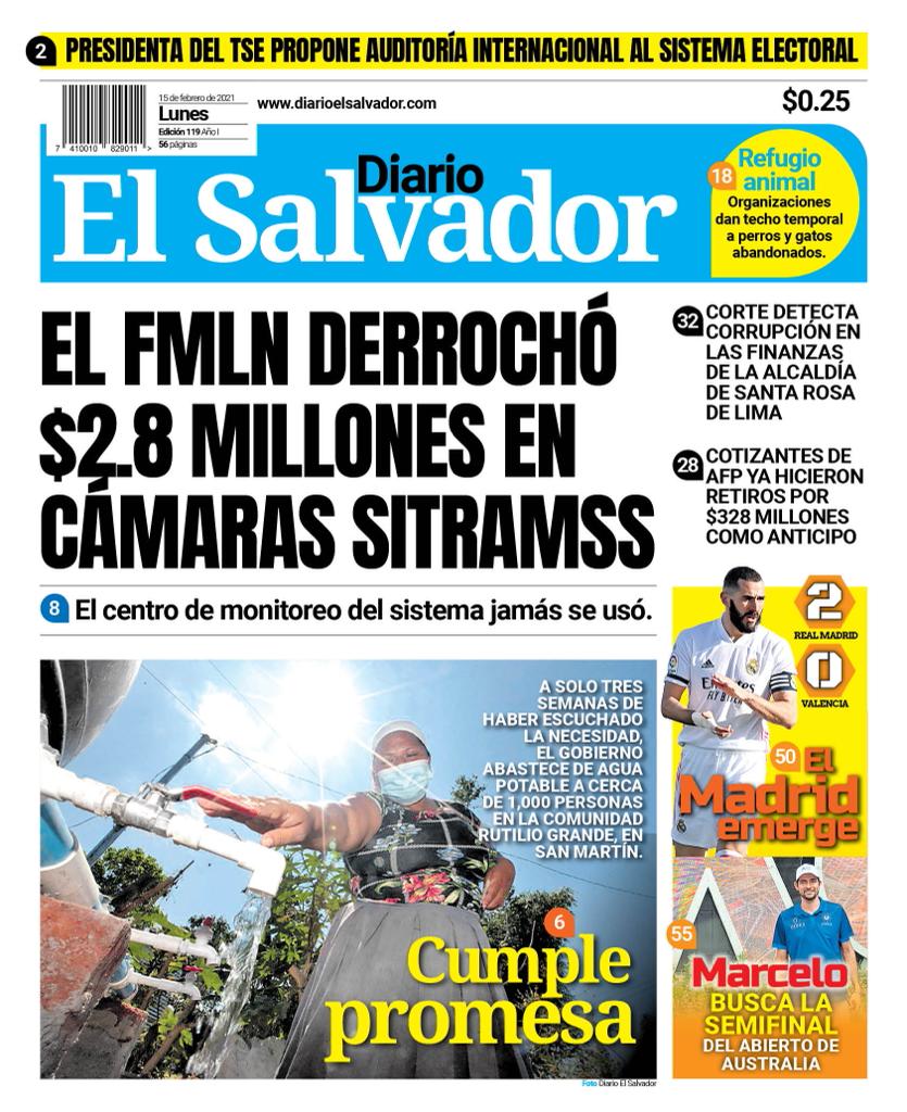 Diario El Salvador on Twitter: "Esta es la portada de #DiarioElSalvador de  este lunes 15 de febrero del 2021. #DiarioES #DES https://t.co/AO0kLJNdhc"  / Twitter