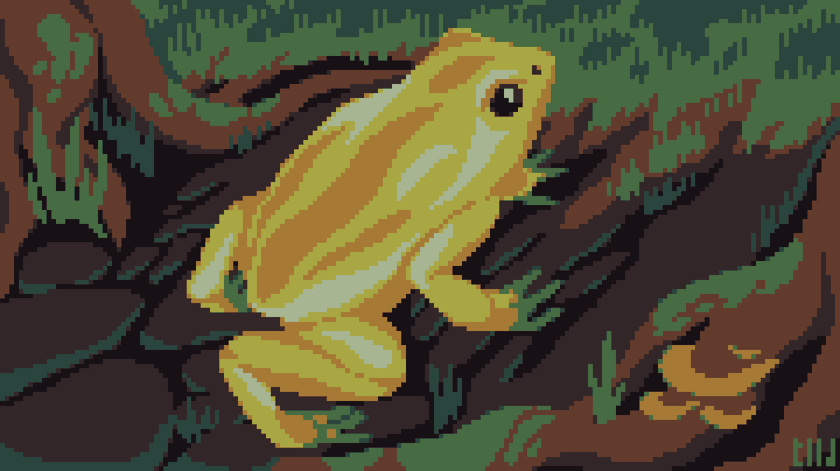 TAKSpx's tweet image. poison dart frog on the forest ground - 180 x 101px, 8 colors
#pixelart #ドット絵 #artph