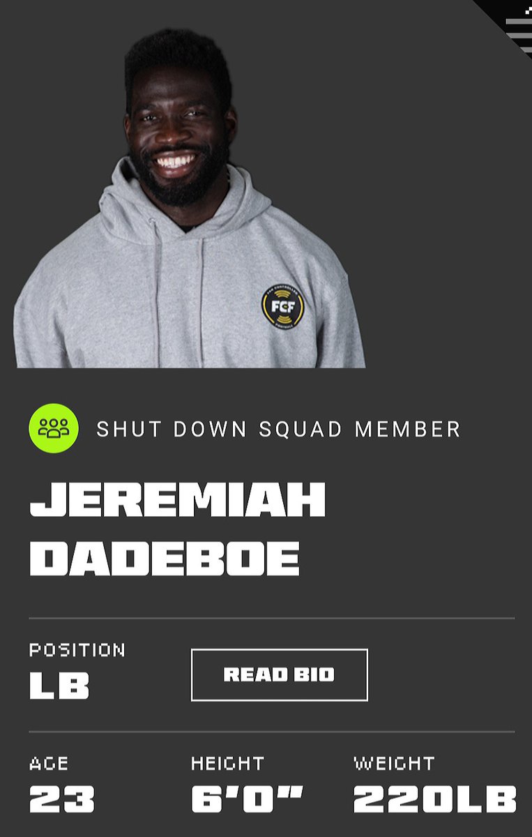 NCSportscast716's tweet image. Former @UBFootball's @jerrydadeboe is playing in the @fcflio

Dadeboe spent 4 years with the Bulls as a DB before transferring to @BlackBearsFB in 2019. He joined the @FCFBeasts as part of the defensive unit known as the #ShutDownSquad

#UBhornsUP #ForeverABull #PowerToTheFans