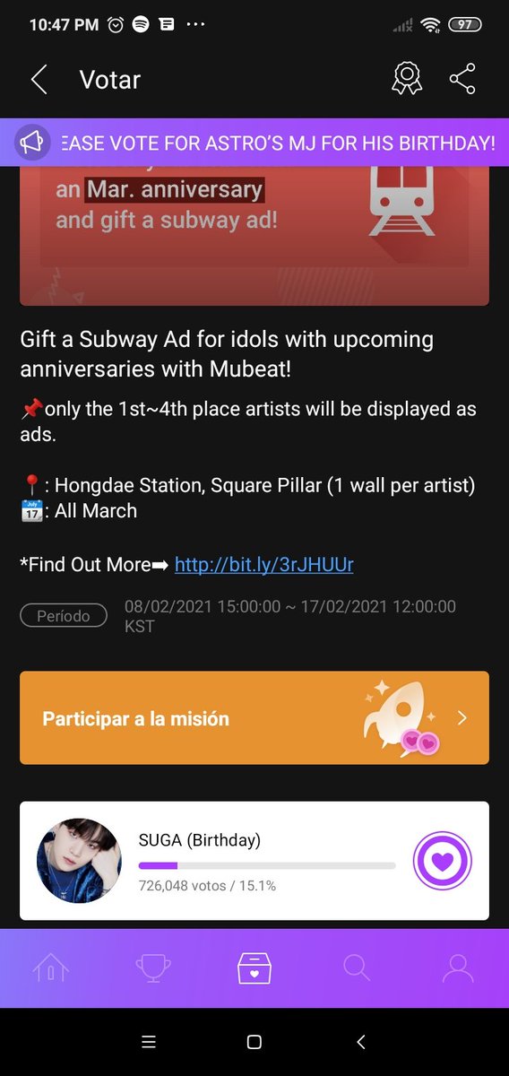 bwinam_7's tweet photo. Las votaciones de Yoongi en mubeat ya casi terminan, ahora el va primero pero la brecha es muy poca, voten amis 💜

VOTING FOR BANGTAN
#HopeNightPartyEC 
@BTS_twt https://t.co/fZBiDNY9Ko