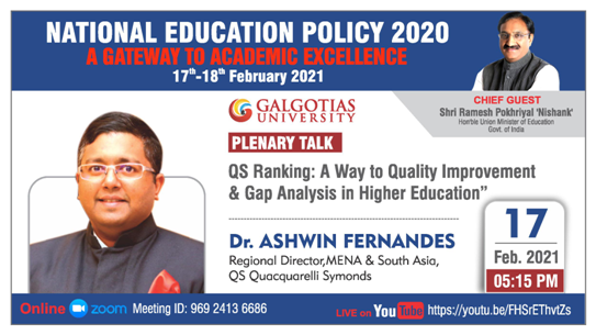 SOCEGalgotiasU1's tweet photo. Dr. Ashwin Fernandes, Regional Director, MENA &amp; South Asia, QS Quacquarelli Symonds will give plenary talk on"QS Ranking: A Way to Quality Improvement &amp; Gap Analysis in Higher Education" @GalgotiasUni
@EduMinOfIndia @DrRPNishank @ashwinjf
#NEP2020 #GalgotiasUniversity https://t.co/YCSDs8w4tB