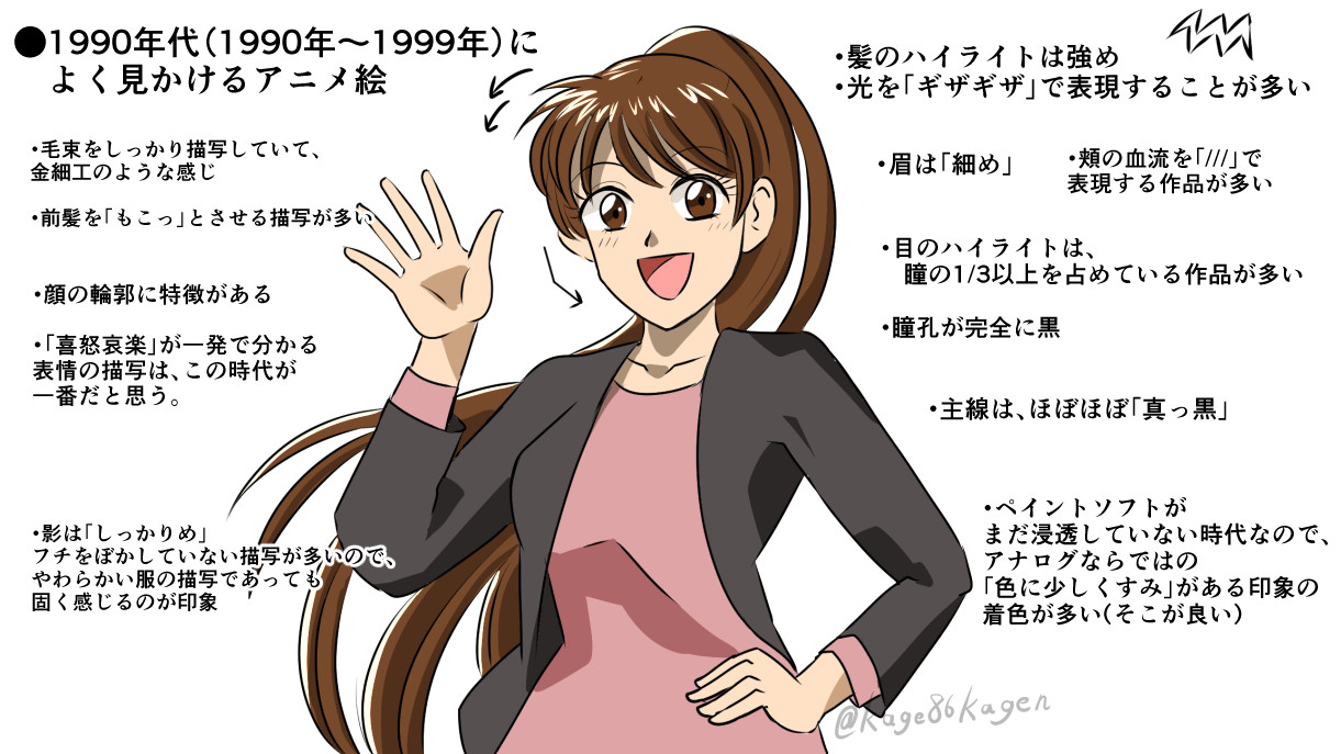 Twitter 上的 無印かげひと Mv作ってます 1990年代 00年代 10年代 年 ごとのアニメ作画 の移り変わり その時代によく見る特徴的な描き方をあげてみました 個人的な見解が多いので それを踏まえた上で比較して頂ければ幸いです どの絵柄も需要