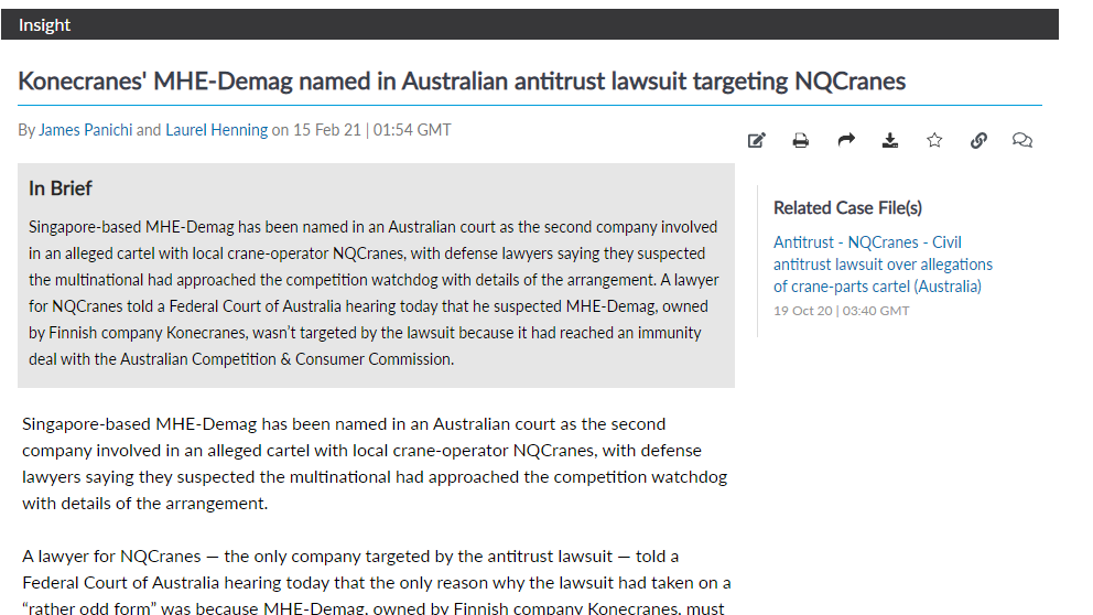 JamesPanichi's tweet photo. Interesting detail emerged in the NQCranes cartel hearing in an Australian court today: Lawyer Michael Hodge wonders whether  MHE-Demag has done immunity deal with ACCC, adding international dimension to an otherwise local #cartel story. @mlexclusive @L_K_Henning #antitrust https://t.co/gzSHQSo0Iw