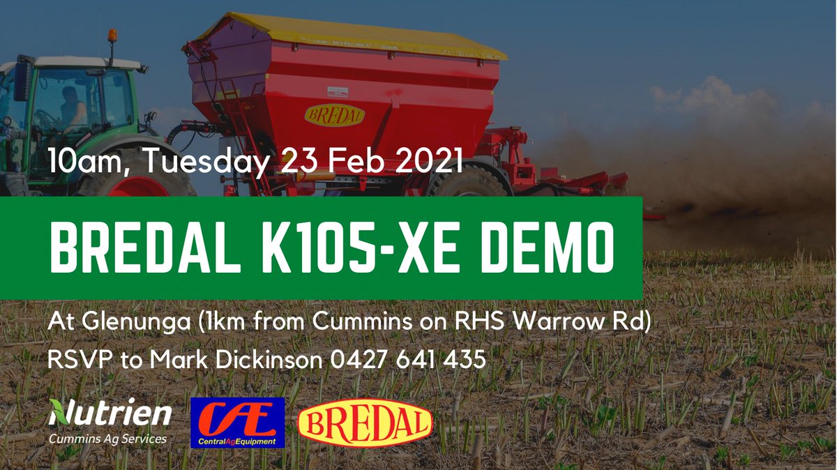 UPDATE: Changed to 10am, Tuesday 23rd February 
Looking for better width on your spreading? 
Come &amp; check out the K105-XE. 
1km west of Cummins on RHS Warrow Road. 
RSVP to Dicko 0427 641 435