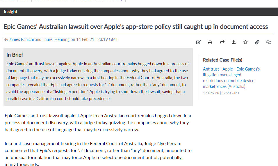 JamesPanichi's tweet photo. The Epic Games #antitrust Australian lawsuit targeting #Apple's app store is still stuck on the runway, with no clarity on whether federal judges will accept the argument that Californian court action should take precedence. #epicgames @mlexclusive @L_K_Henning https://t.co/Lw9zCZtAA7