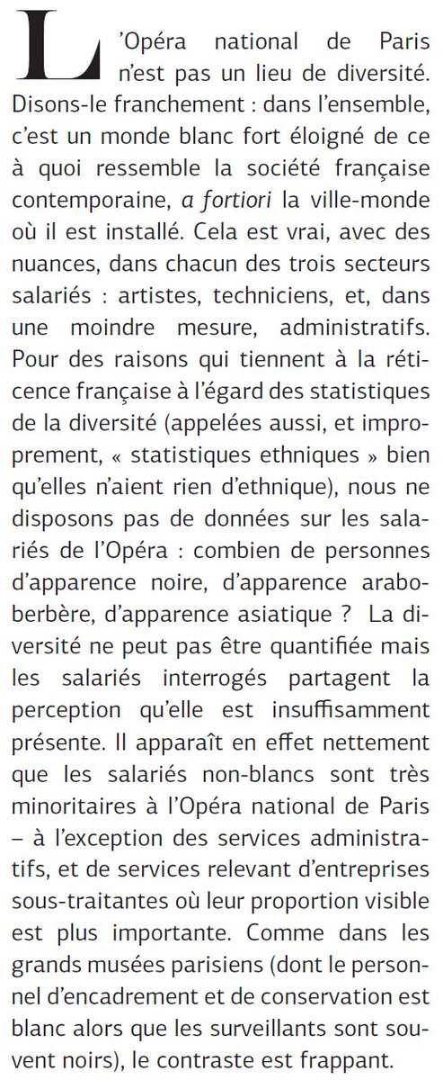 Ça, c'était pour le corpus de ce que présente l'Opéra de Paris.Le rapport constate aussi un manque de diversité dans le personnel de l'Opéra de Paris (et pas que), à tous les échelons, et se penche sur divers facteurs maintenant cette situation.