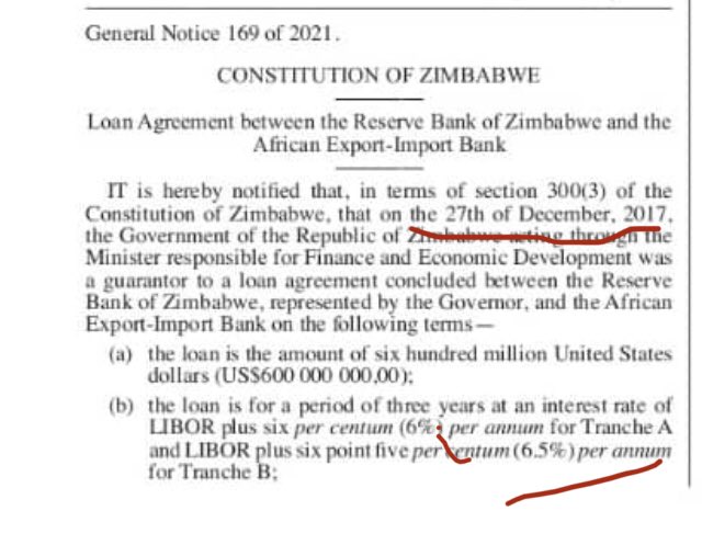 13/LIBOR 2%. Interest 6.5%. other fees 3.75%. Total yr1 interest is 12.25%. Above the RBZ own rules. This is a devastating revelation. Most Economists had assumed interest was less than 4%. What Afreximbank normally charges.