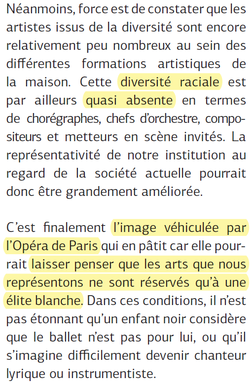 Il est d'abord question de l'idée transmise à des populations que l'Opéra n'est pas pour elleux. Lutter contre passe par l'amélioration du corpus (), mais aussi par la mise en avant de modèles racisés, passés comme présents, sur scène, à la production, sur les réseaux sociaux…