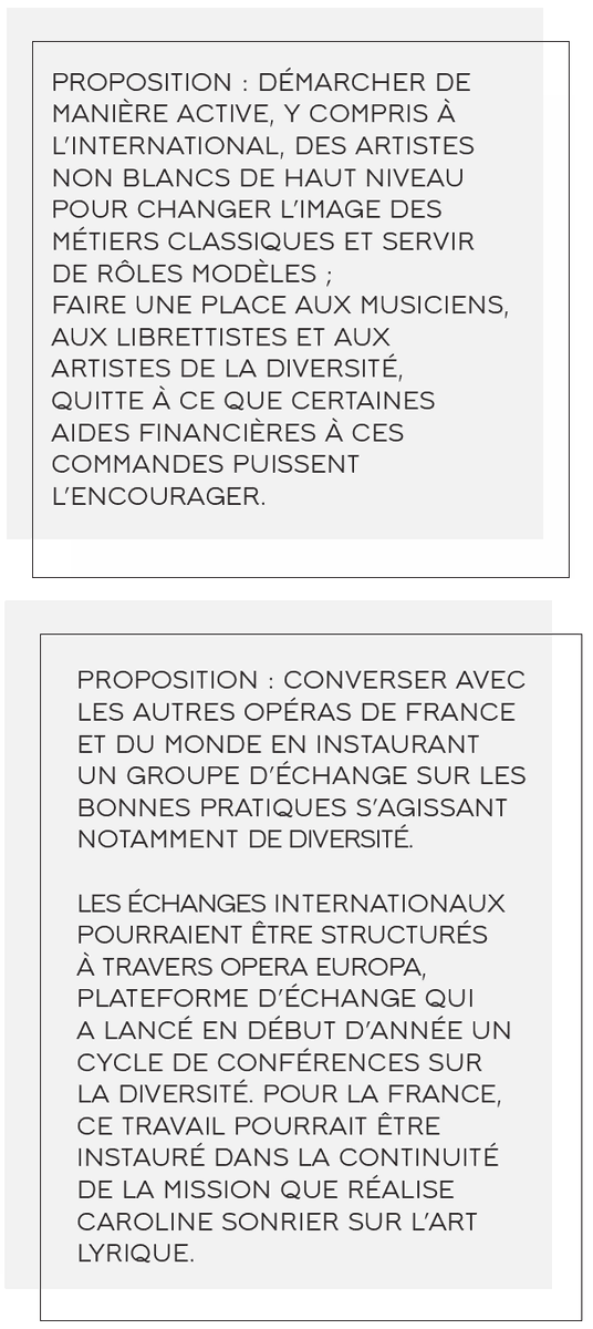 Il est d'abord question de l'idée transmise à des populations que l'Opéra n'est pas pour elleux. Lutter contre passe par l'amélioration du corpus (), mais aussi par la mise en avant de modèles racisés, passés comme présents, sur scène, à la production, sur les réseaux sociaux…