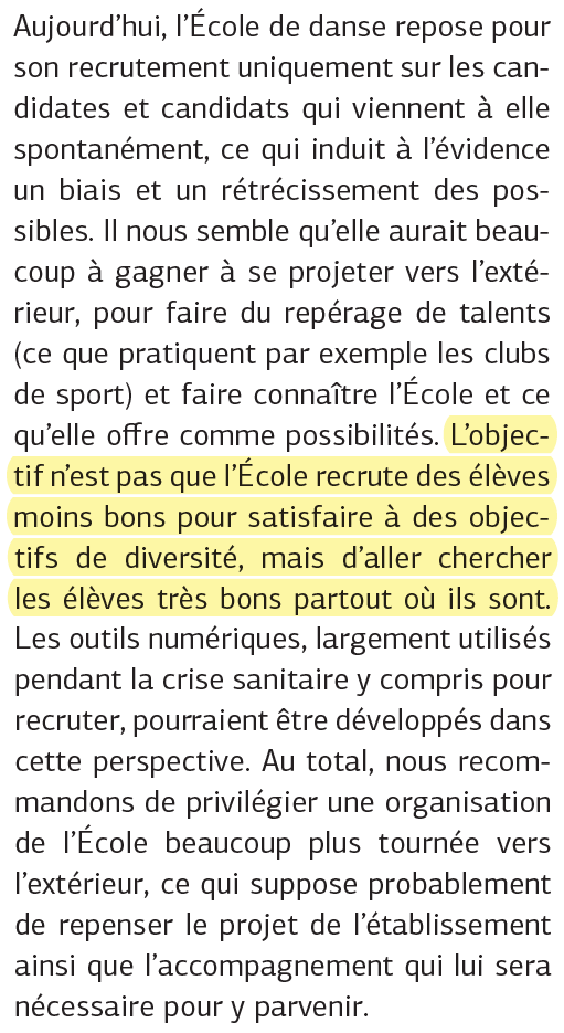 Pour ce qui est de la sélection (enfin !), du concours, le rapport ne propose à aucun moment de favoriser une couleur de peau. Loin de là, même !En revanche, il questionne les biais dans les processus de sélection, y compris liés aux situations socioéconomiques.