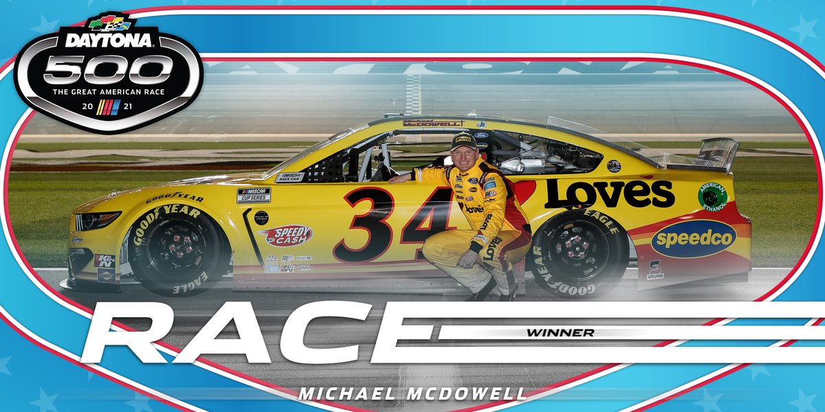 DAYTONA's tweet photo. Michael McDowell wins the 2021 #DAYTONA500!

@Mc_Driver | #SpeedweeksbyAdventHealth https://t.co/6jzApKjB09