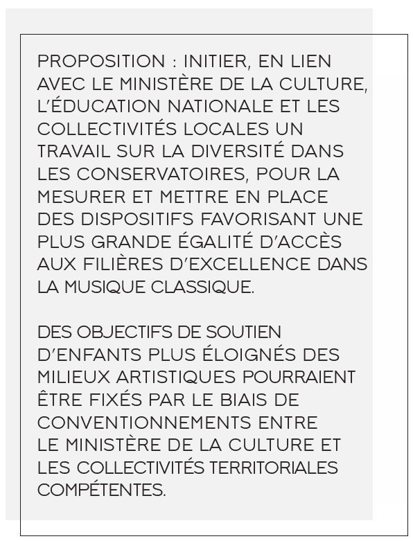 Et il insiste : aller vers les élèves pour lutter contre l'impact des stéréotypes, s'organiser avec les organisations locales, revoir la place de l'enseignement musical, offrir l'accompagnement nécessaires au plus défavorisés, mener des programmes de démocratisation culturelle…