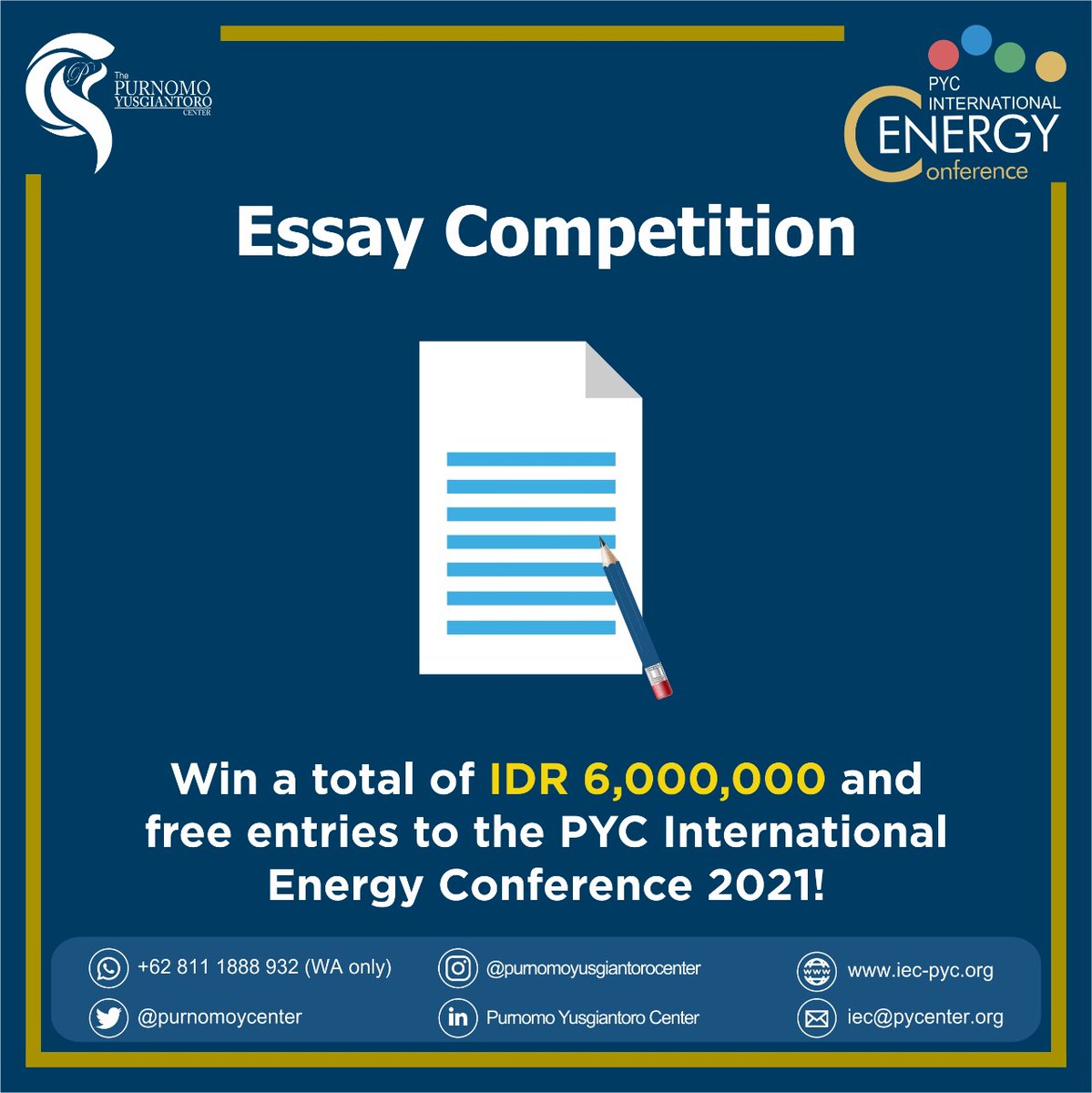 purnomoycenter's tweet photo. We are looking forward for your submission. Good luck 🍀

#PYCIEC2021
#PurnomoYusgiantoroCenter
#PYC
#LombaNasional
#EssayCompetition
#PhotographyCompetition
#InfographicCompetition
#LombaEssay
#LombaFotografi
#LombaInfografik https://t.co/R7RBKu3ITy