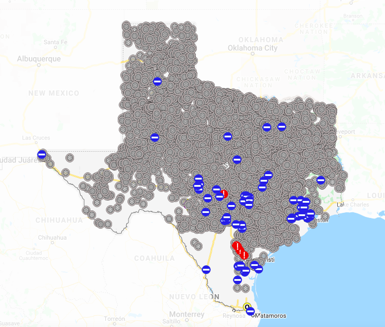 TxDOTPharr's tweet photo. For road conditions throughout Texas, go to https://t.co/5Kq99spNOA or call at 1-800-452-9292.  The gray area is where snow and ice closures have occurred so far.  It is focused mostly north of us.  If possible, stay off the road. https://t.co/l6t3CjHXTV