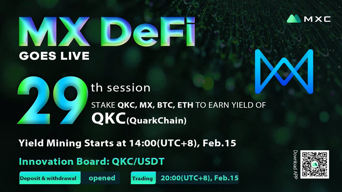 MEXC's tweet photo. 🎉 #MXC Lists $QKC/USDT trading pairs: 20:00(UTC+8), Feb 15
👉#MXDeFi-Stake $QKC $MX $BTC $ETH to Earn #QuarkChain $QKC

⏲️: Feb. 15 - Feb. 18 (4 days)
🎁10 ppl*1,000 $QKC
✅Follow @MXC_Exchange &amp; @Quark_Chain
✅Like, RT&amp;Tag 3 friends
✅Comment

🔗Details: https://t.co/nVpgHBWsZe https://t.co/QVUvgVCvKV