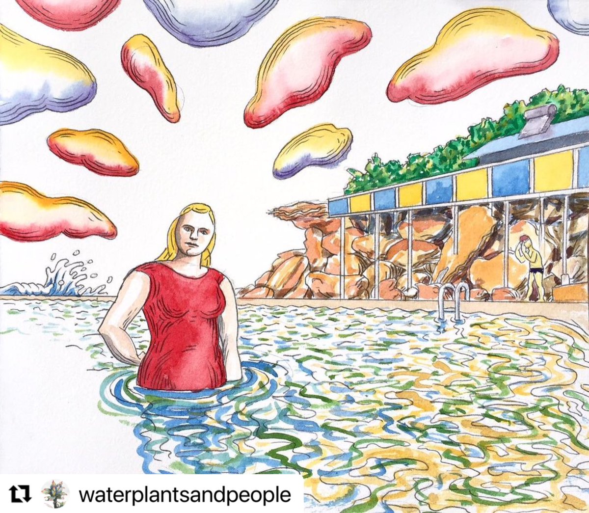 reseyspru's tweet photo. #PoolPaintings 11:
Mina Wylie (in memory of Jean), 2019, by Matthew Martin. Private collection.
Pictured at Wylieβs Baths, the pool her father Henry excavated out of the rock platform, Mina was a silver medallist at the 1912 Olympics & she taught my mum to swim. #gadigalland https://t.co/eLbMcgJqqu