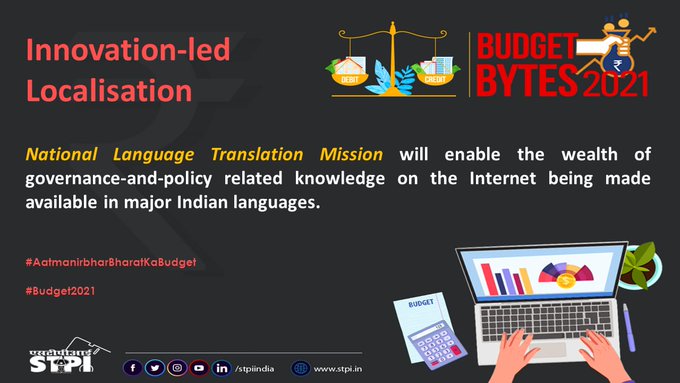 stpikkd's tweet photo. Formation of #NationalLanguageTranslationMission is a ground-breaking initiative towards expanding the reach of #egovernance &amp; policy centric knowledge dissemination to all the citizens in major Indian languages while bolstering inclusion. #AatmanirbharBharatKaBudget #Budget2021 https://t.co/SZtnhnL0K5