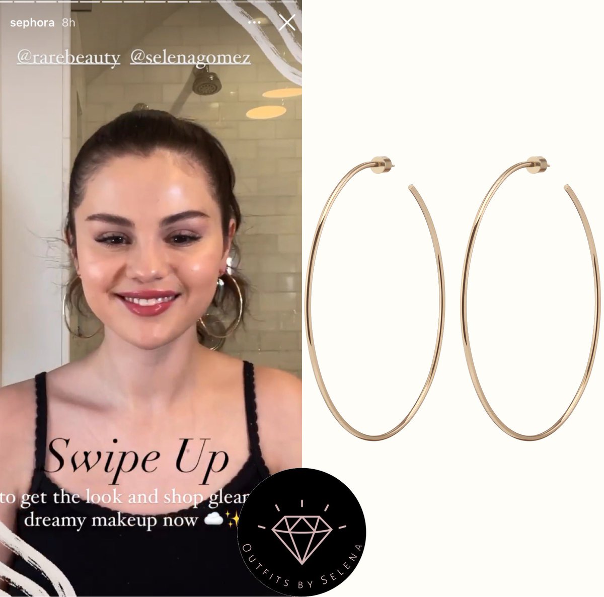 outfitsbyselena's tweet photo. February 14, 2021 - .@Sephora via their Instagram Stories where @SelenaGomez showing her Dewy Makeup Look with @RareBeauty
#SelenaGomez wearing a #JenniferFisher 3" Thread Hoops ($180) with #Leset Pointelle Tank ($68).✨🔥✨ https://t.co/JtkCRk8Ppx