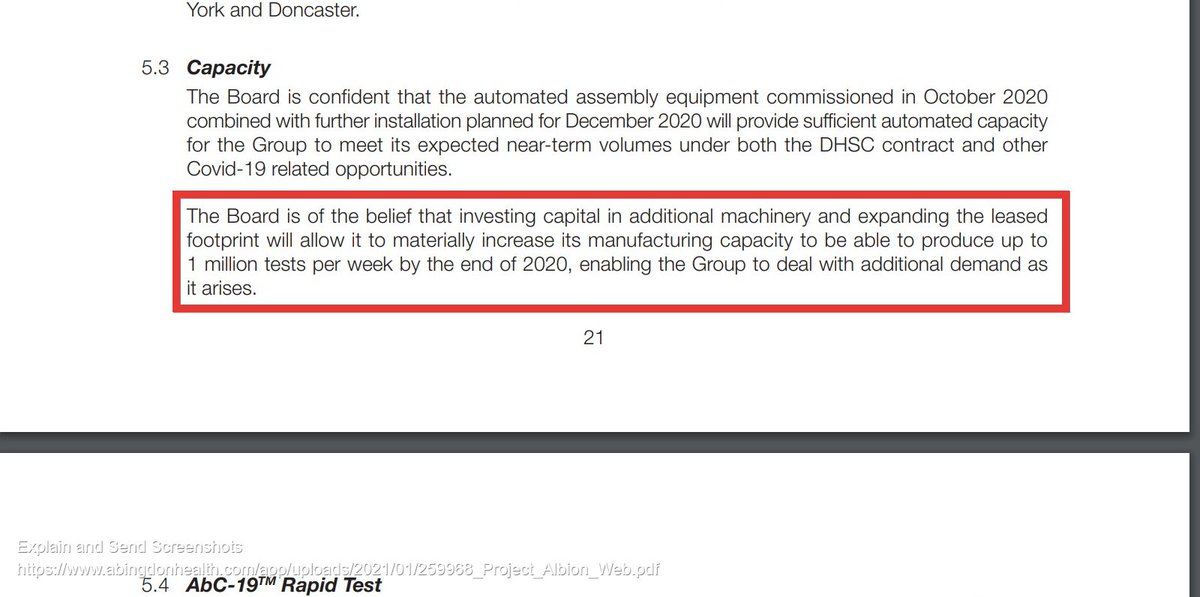 1/15In addition to all of that, there's this whole  #ABDX capacity expansion debate.The Admission Doc was clear, as was the webinar presentation."Manufacturing capacity 1m tests per week by year end 2020." https://twitter.com/BigBiteNow/status/1361268214727122946?s=20