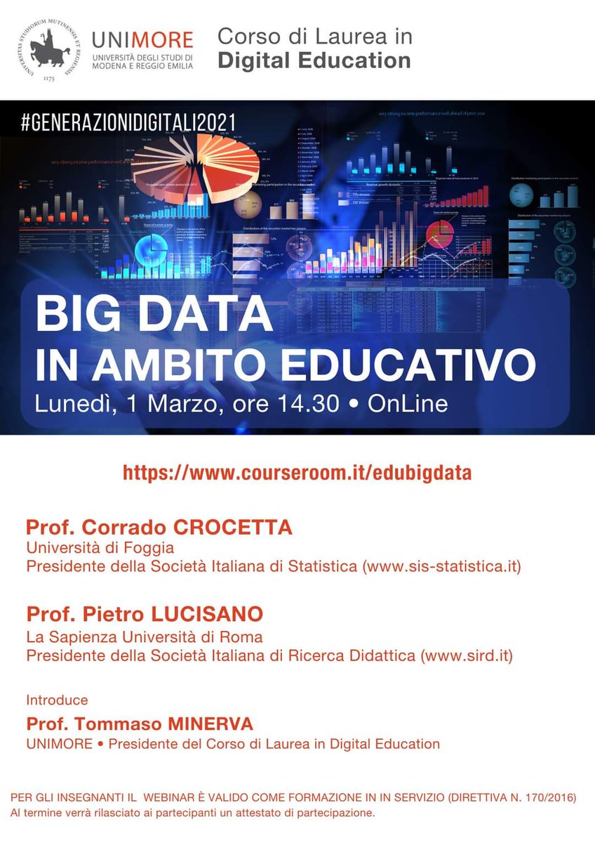 Laurea_Digital's tweet photo. Avviamo le attività didattiche del secondo semestre di #digitaleducation dedicando un webinar ai Big Data in ambito educativo con il Presidente della Società Italiana di Statistica Corrado Crocetta e il Presidente della Società Italiana di Ricerca Didattica, Piero Lucisano. https://t.co/HV0Rh8AlfU