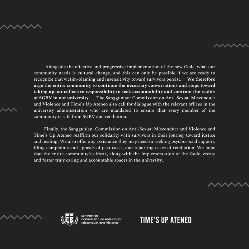 TimesUpAteneo's tweet photo. Joint Call for a Survivor-Centered and Trauma-Informed Community Response in Addressing Sexual Violence in the Ateneo de Manila University

From @SangguCASMV and Time’s Up Ateneo

Read in full here: https://t.co/H3Fhc7VakF https://t.co/IvjVCfGCJk