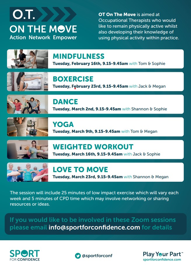 If you're an #OT who wants to stay physically active while also developing your knowledge of using physical activity within your practice why not join one of our OT On The Move Zoom sessions on Tuesday mornings?? 

See our flyer below for all the details 🤩

#OccupationalTherapy
