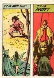 Marcan también una relajación necesaria que genera energía en las acciones tomadas por Conan en la página:- En la primera remarca en momento de duda del personaje antes de iniciar su ataque, lo que engrandece la acción de la viñeta posterior, dónde lo efectúa.