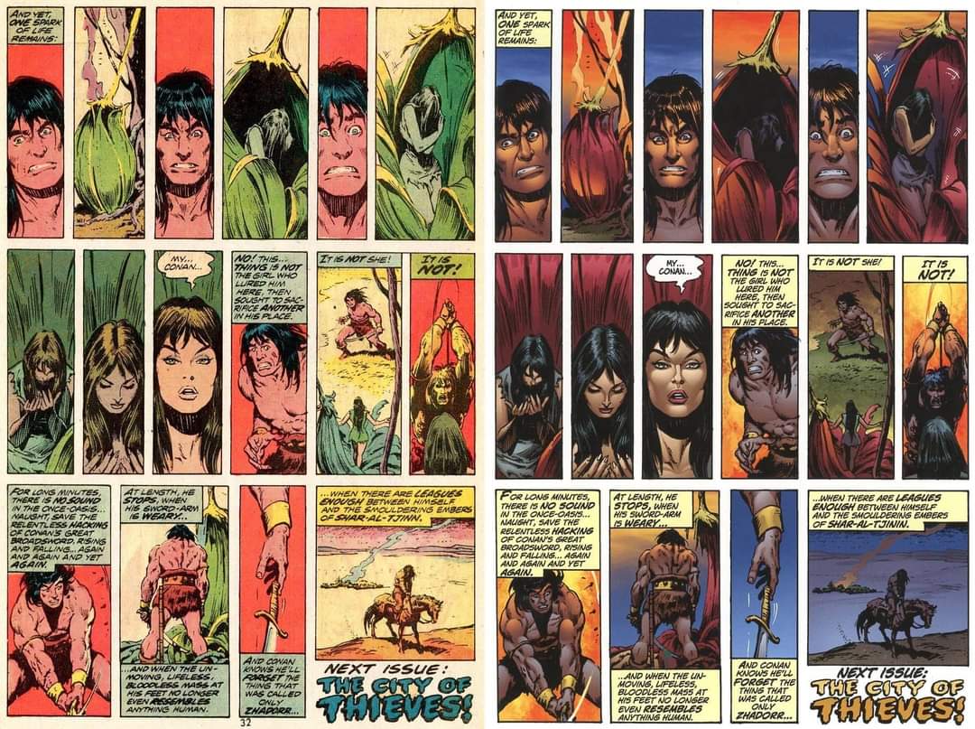 Recordad; el color es una herramienta narrativa y expresiva más, igual de importante que el guión, el dibujo, la tinta o la rotulación.NO ES UN ELEMENTO MERAMENTE DECORATIVO.Por eso en el 1° caso tenemos una PÁGINA DE CÓMIC, y en el 2° una "colección de cromos":