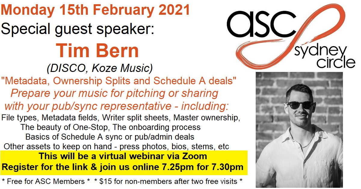 ASCSydneyCircle's tweet photo. Our February #ASCSydneyCircle is not even an hour away, so get cracking if you're not yet registered to hear Tim Bern of DISCO and Koze Music.  Bring all your metadata questions!! 

>> registration link still open for a short period: https://t.co/6dekK27Zsn << https://t.co/dRCw7egmcE