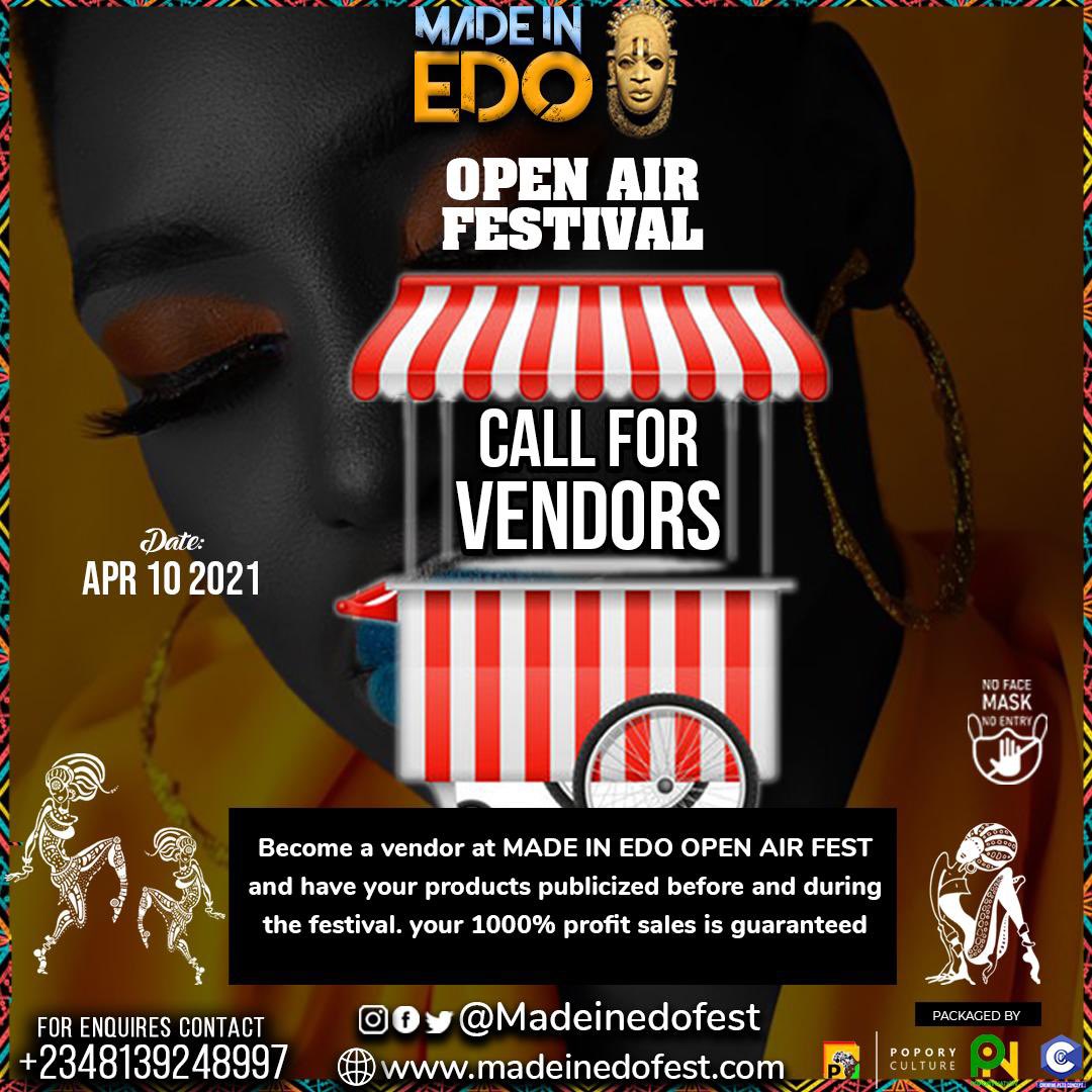 evrithin's tweet photo. Guys
A call for vendors is open now for @madeinedofest and each registered vendor get exclusivity to whatever service they render.
Tell a vendor to get a vendor booth at the biggest open air fest in Edo state
Dm / Call the number on the graphics #MadeInEdoFest https://t.co/qj2ldBW06M