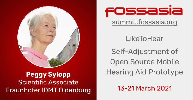 Peggy Sylopp <a href="/pegx_/">Peggy Sylopp</a> #scientific associate <a href="/Fraunhofer_IDMT/">Fraunhofer IDMT</a> will share with us “LikeToHear, Self-Adjustment of #OpenSource Mobile Hearing Aid #Prototype” <a href="/FOSSASIA/">FOSSASIA</a> #virtual #OpenTech Summit 2021, March 13-21. Register for free eventyay.com/e/fa96ae2c