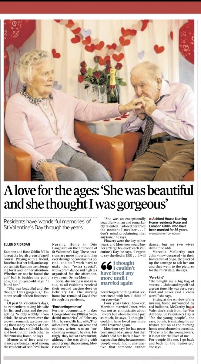 NursingHomesIre's tweet photo. Thanks to @EllenORiordan for capturing the thoughts of residents from @AshfordHouse on St Valentine's Day on the topics of love and romance. Featured in today's @IrishTimes https://t.co/wsjniHitO5