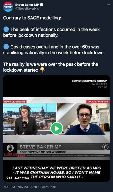 sturdyAlex's tweet image. Steve Baker demands the end of lockdown. Again. Just like he did in May and November when he declared us 'over the peak'.

When history looks at how UK gov't managed to kill so many people AND tank the economy, part of it will be "because Brexiters struggled to find a new hobby".
