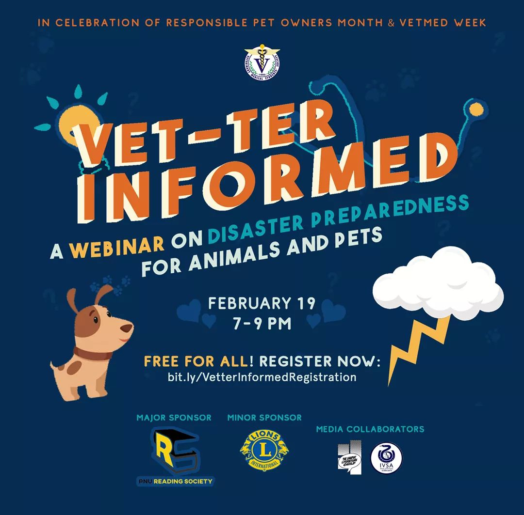 upvetsoc_'s tweet photo. For us to prevent the struggle of upholding our duty in protecting animals during disasters, especially in the midst of a pandemic, it is time to be Vet-ter Informed! 

UP VetSoc invites you to attend "Vet-ter Informed: A Webinar on Disaster Preparedness for Animals". https://t.co/eClXkIgqjy
