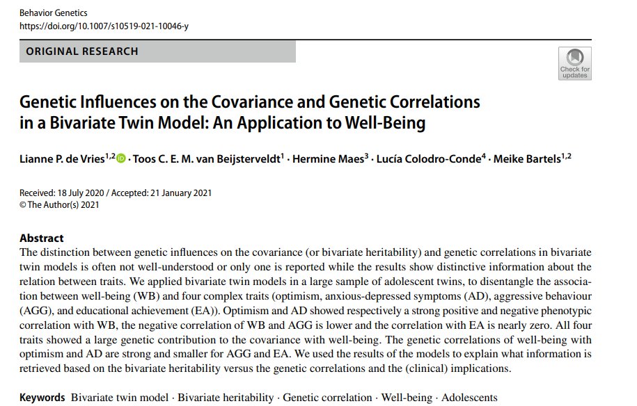 Lianne de Vries (@lianne_dvries) on Twitter photo Out now!🎉The difference between bivariate heritability and genetic correlations in bivariate twin models is not always clear or only one is reported. We explain the importance of reporting both in our new paper: doi.org/10.1007/s10519…
<a href="/HermineMaes/">Hermine Maes</a> <a href="/ColodroConde/">Lucía Colodro-Conde</a> <a href="/Meike_Bartels/">Meike Bartels</a> Out now!🎉The difference between bivariate heritability and genetic correlations in bivariate twin models is not always clear or only one is reported. We explain the importance of reporting both in our new paper: doi.org/10.1007/s10519…
<a href="/HermineMaes/">Hermine Maes</a> <a href="/ColodroConde/">Lucía Colodro-Conde</a> <a href="/Meike_Bartels/">Meike Bartels</a>